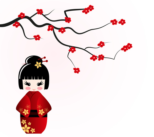 Kokeshi panenku pod sakura větev - Vektor, obrázek