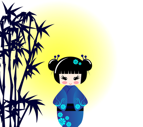 Kokeshi pop en bamboe - Vector, afbeelding