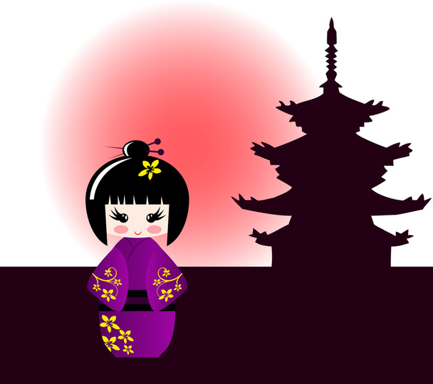 Kokeshi bebek ve Japon Tapınağı - Vektör, Görsel