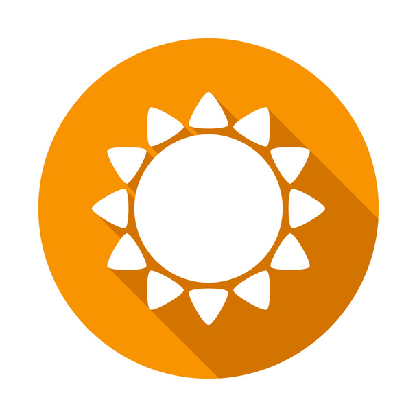 Sun lapos ikon fehér színű, hosszú árnyék narancssárga háttérrel. Lapos kivitel stílus. Vektoros illusztráció. Eps10. - Vektor, kép