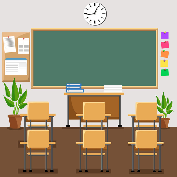 Επίπεδη εικονογράφηση φορέα από τάξη σε τάξη σχολείου σχολείο με Μαυροπίνακας και γραφεία. - Διάνυσμα, εικόνα
