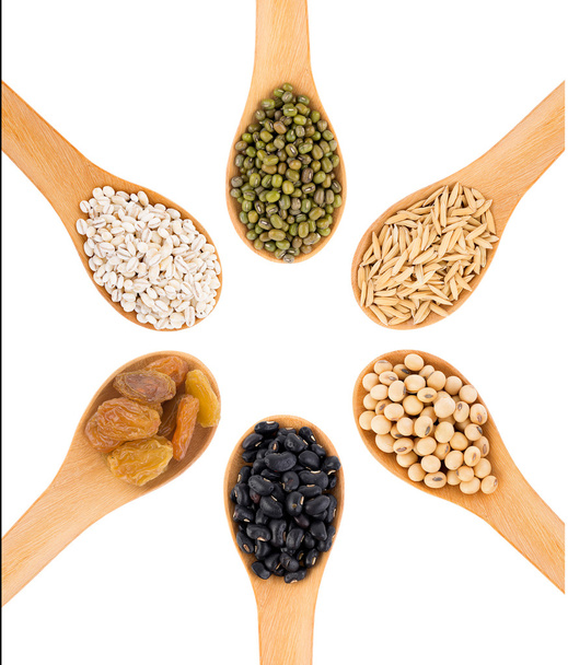 Grãos de cereais, sementes, feijões sobre fundo branco
 - Foto, Imagem