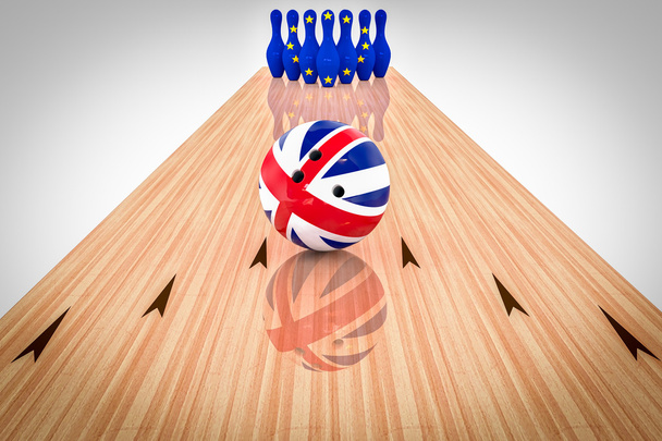 Ballon de bowling avec le drapeau du Royaume-Uni et quilles avec le drapeau de la Communauté européenne
 - Photo, image