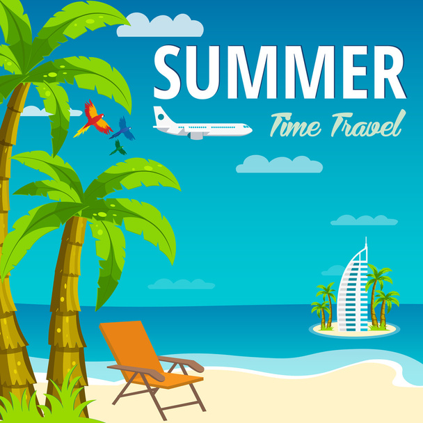 Summer Time in Beach Sea Shore. Time travel. Lounge chair. Dubai. Vector Illustration. - Vetor, Imagem