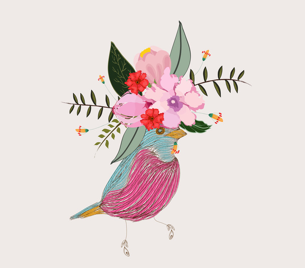 πουλί και ανθισμένα λουλούδια - Διάνυσμα, εικόνα