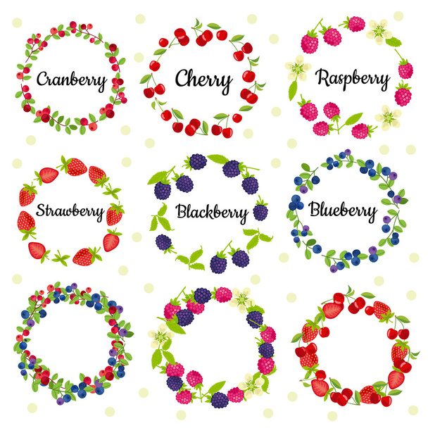 berry  wreath on white background. Cherry, strawberry, blueberry, raspberry, blackberry, cranberry - Vector, Imagen