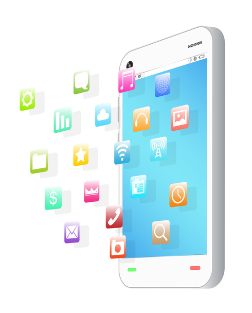 vista laterale dello smartphone bianco con icona dell'applicazione galleggiante
 - Vettoriali, immagini