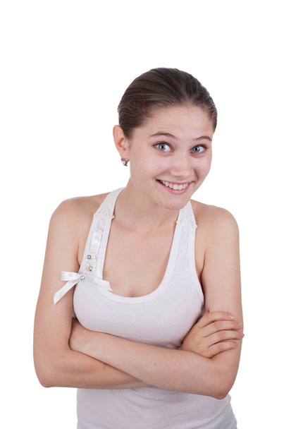 Portrait of a smiling girl with a question isolated on white - Φωτογραφία, εικόνα