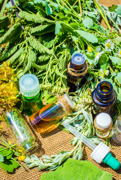 Erboristeria contagocce bottiglia con erbe e fiori
 - Foto, immagini