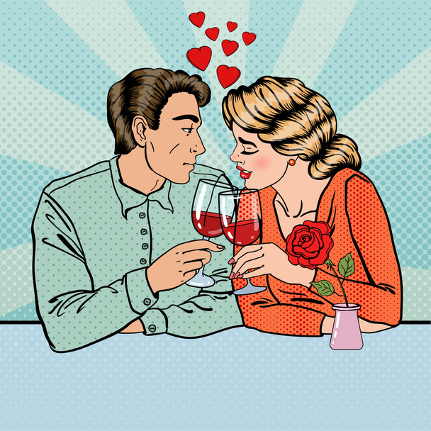 Pareja romántica con copas de vino en el restaurante. Arte Pop. Ilustración vectorial
 - Vector, imagen