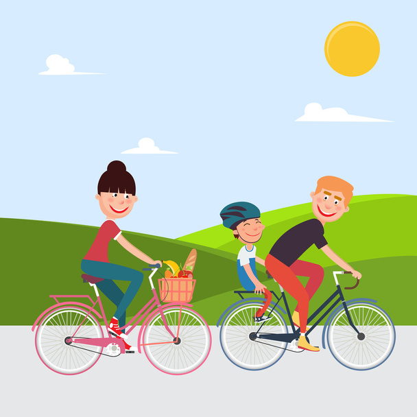 Щасливі сімейні велосипеди. Жінка на велосипеді. Батько і син. Векторні ілюстрації
 - Вектор, зображення