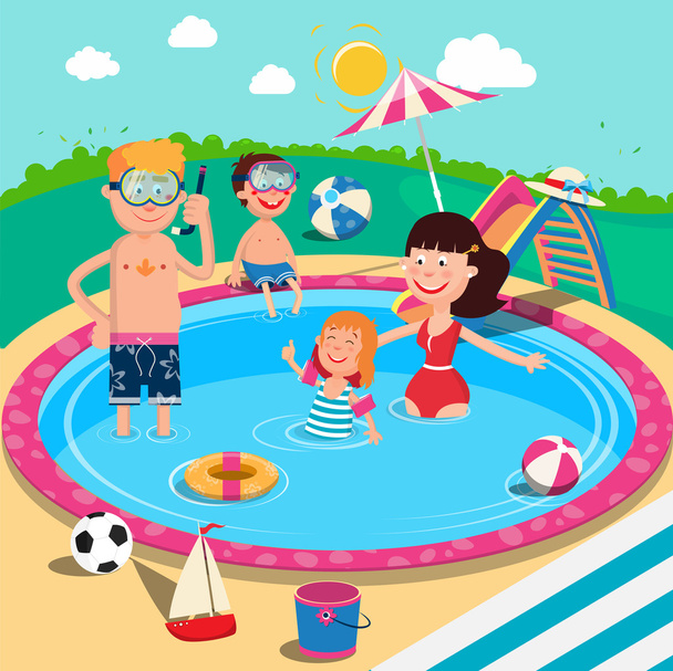 Familia feliz en la piscina. Los padres sonrientes y los niños se divierten en las vacaciones de verano. Ilustración vectorial
 - Vector, Imagen