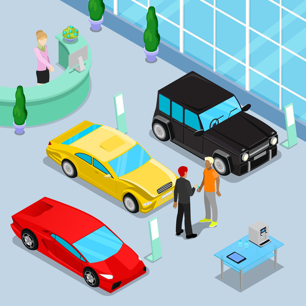 Offroad Araba ve Spor Otomobil ile Araba Satış Showroom İç. Müşteri Yeni Bir Araba Satın Alıyor. İyometrik Nakliyat. Vektör çizimi - Vektör, Görsel
