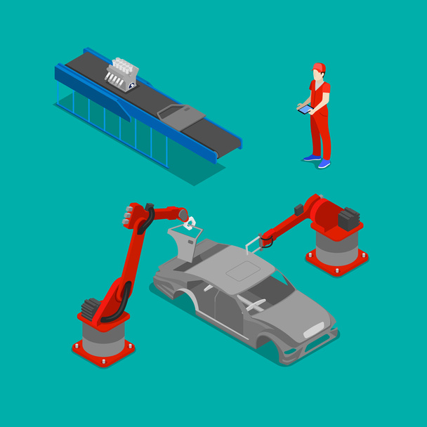 Isometric Car Production. Assembly Line of Car in Automobile Factory. Vector illustration - Vector, Image