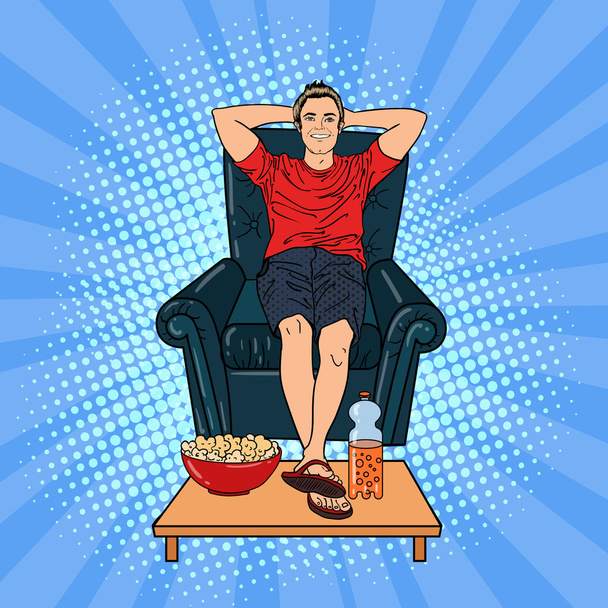 Ευτυχισμένος άνθρωπος βλέποντας τηλεόραση στην καρέκλα με ποπ κορν και σόδα. Pop Art. Vector εικονογράφηση - Διάνυσμα, εικόνα