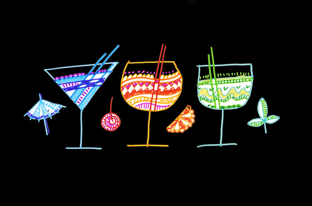 tropical cocktail or lemonade. hand drawn color line illustratio - Photo, Image