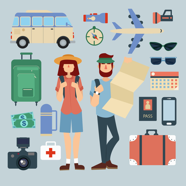 Tourist Man and Woman with Set of Travel Elements. Active People. Vector illustration - Vector, Image