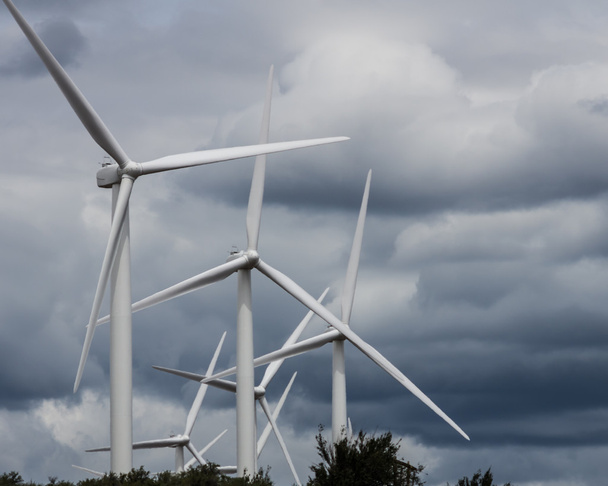 groep van windturbines onder donkere bewolkte hemel - Foto, afbeelding