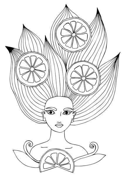 Muotokuva kaunis tyttö pitkät hiukset sitrushedelmiä
 - Vektori, kuva