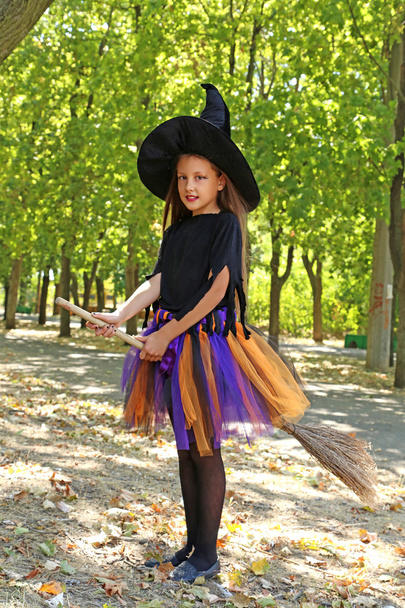 girl witch with a broom in the park - Photo, Image