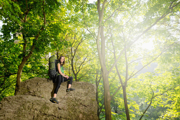 Meisje toerist met een rugzak naar de berg - Foto, afbeelding