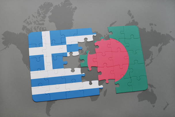 puzzle with the national flag of greece and bangladesh on a world map background. - Photo, Image