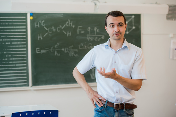 Young teacher near chalkboard in school classroom talking to class - Photo, Image
