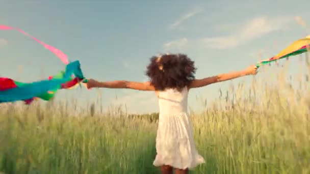 Menina correndo com fitas coloridas em suas mãos através do campo de trigo
 - Filmagem, Vídeo