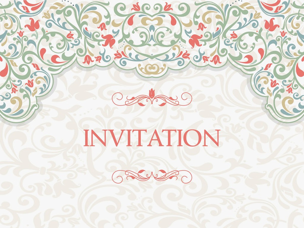 Vintage template with pattern and ornate borders. Ornamental lace pattern for invitation, greeting card, certificate. - Vector, imagen