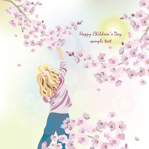 Little child holding cherry flowers - Vector, Image