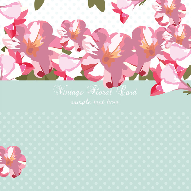 青い水玉模様の背景にピンクの花のブーケカード - ベクター画像