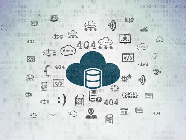 ソフトウェアの概念: デジタル データ用紙の背景に雲とデータベース - 写真・画像