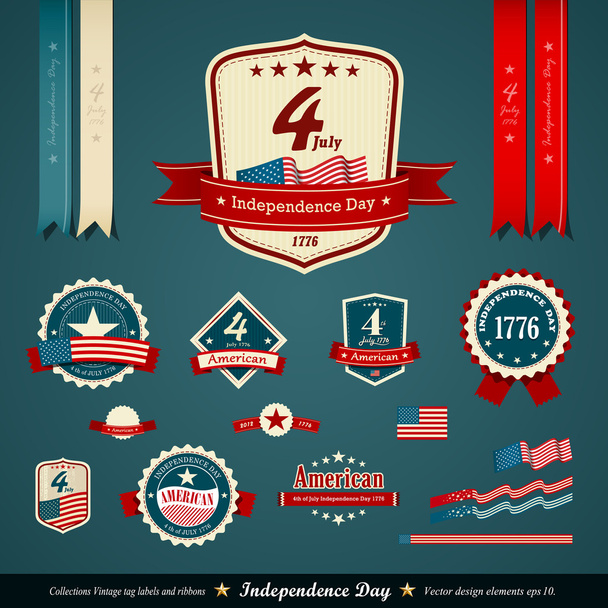 Vintage label and ribbons set, independence day - Vector, Image