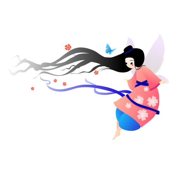 Illustration pretty fairy in a dress with flowers and butterflies - Διάνυσμα, εικόνα