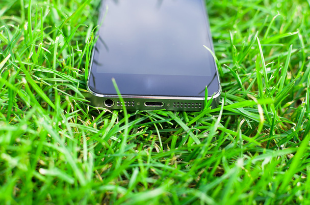 Detalle del teléfono con cable sobre hierba
 - Foto, imagen