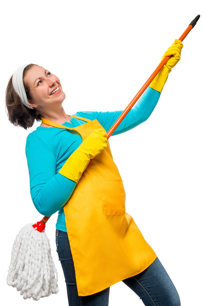happy cheerful girl with a mop on white background  - Zdjęcie, obraz