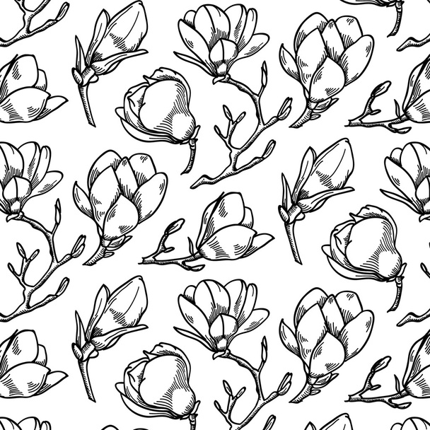 Tavaszi magnólia virág fekete-fehér kézzel rajzolt vektoros varrat nélküli mintát. Nagy ruházat design vagy textil nyomtatás. - Vektor, kép
