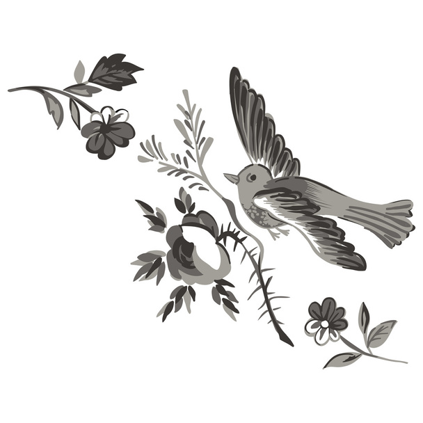 Птах літає ізольована біла гілка квітка троянди вітальна листівка
  - Вектор, зображення
