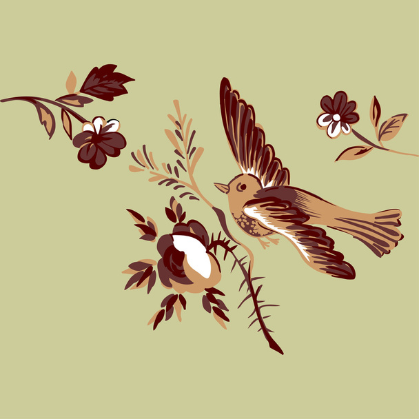Oiseau volant isolé branche beige fleur rose carte de voeux
 - Vecteur, image