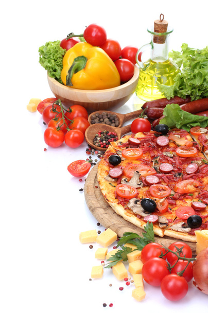 Delicious pizza, vegetables and salami isolated on white - Fotoğraf, Görsel