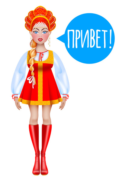Belle femme russe en costume russe national disant "bonjour" en langue russe. Isolé sur le fond blanc
. - Photo, image