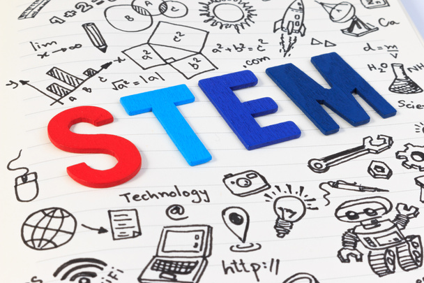 STEM education. Science Technology Engineering Mathematics. STEM concept with drawing background. STEM icon set. - Photo, Image