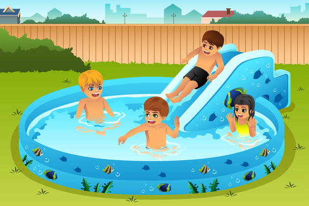 Kinderen spelen in opblaasbaar zwembad - Vector, afbeelding