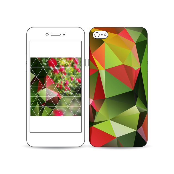 白い背景に隔離された画面とカバーデザインの例を持つモバイルスマートフォン。カラフルな多角形の花のぼやけたイメージ、赤い花、現代の三角形の質感 - ベクター画像