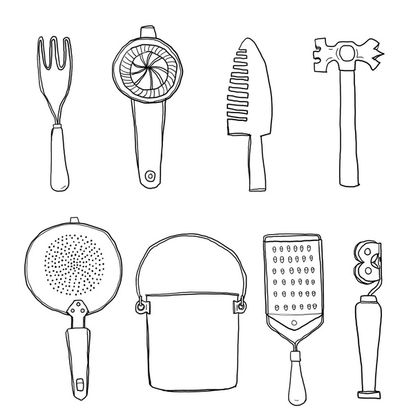 herramientas de cocina vintage dibujado a mano línea arte lindo ilustración
 - Foto, Imagen
