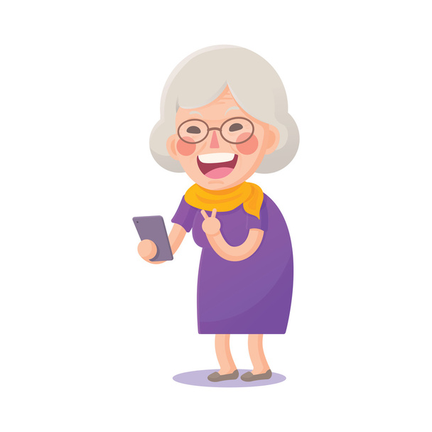 glückliche alte Frau macht ein Selfie - Vektor, Bild
