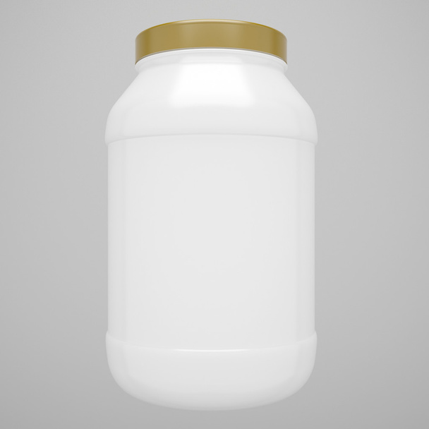 Бутылка белка спортивного питания с золотой шапкой изолирована
 - Фото, изображение