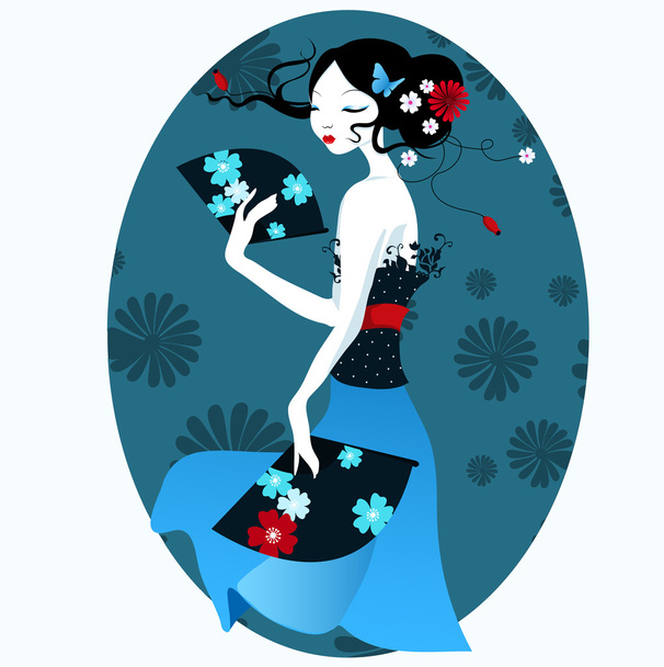 Beautiful girl in the Japanese dress with fan in hand. - Vector, imagen