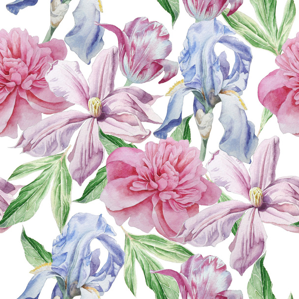 Seamless pattern with spring flowers. Peony. Clematis. Tulip. Iris. Watercolor. - Zdjęcie, obraz