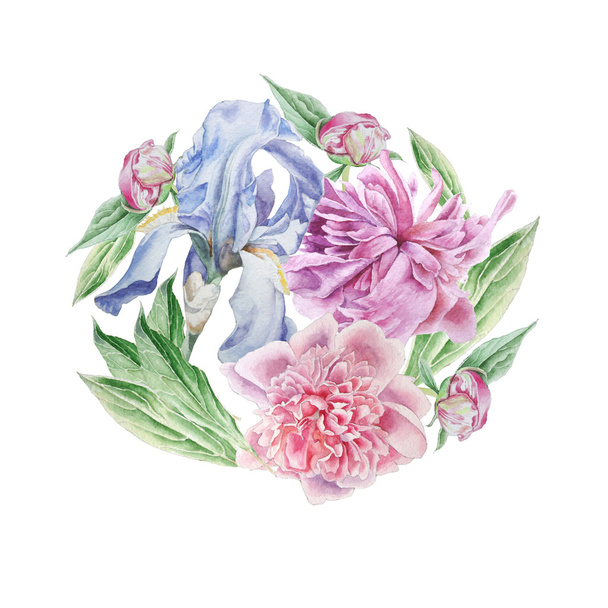Vintage card with spring flowers. Iris. Peony. Watercolor. - Foto, Bild